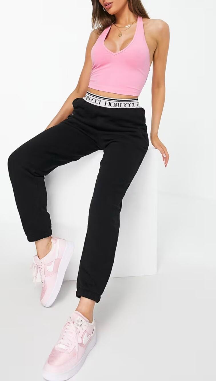 Fiorucci Pants Small Waistband Logo in Black Sweatpants Lounge Casual Relaxed